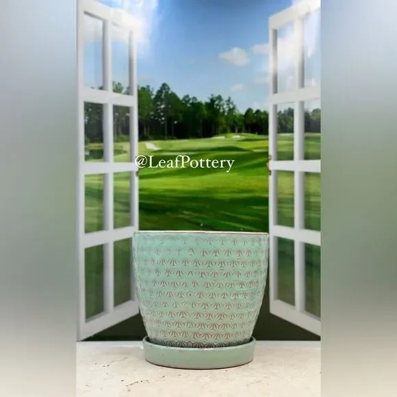 Atasi Aqua/Pink Ceramic Planter Pot with Saucer Attached - Picture 3 of 9